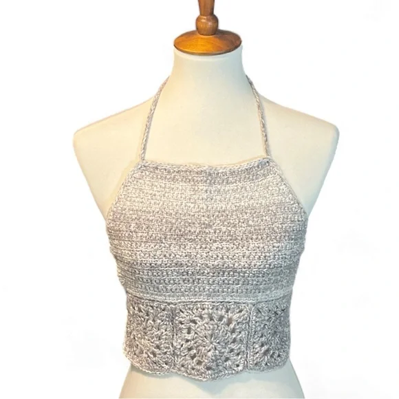 Handmade Grey Halter Top with Flower Design Crocheted Festival Tankini - Picture 4 of 7